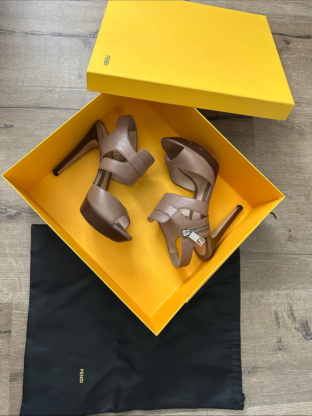 Fendi Taupe Leather Strappy High Heel Sandals